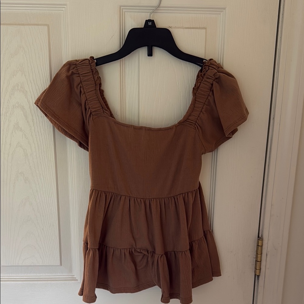 Altar'd State Brown Puff Sleeve Blouse with Ruffled Tiers